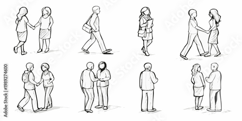 Sketch of people interacting couples walking and conversing together