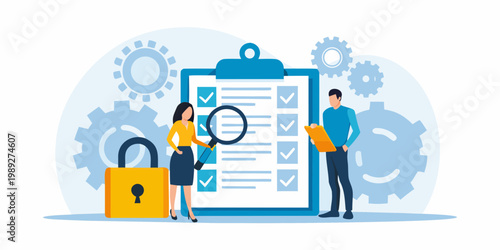 Team reviewing a checklist with gears and a padlock illustration
