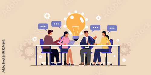 Team brainstorming session with a glowing lightbulb and speech bubbles