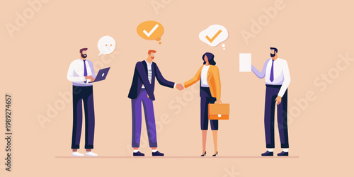 Business professionals completing a deal with positive confirmation symbols