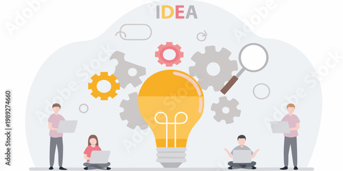 A bright idea people collaborating around a glowing lightbulb concept