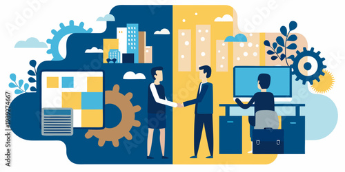 Illustration depicting a business deal between industry and technology