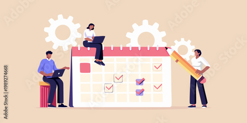 Team collaborating on project management with a large calendar illustration