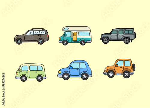 Set of various colorful cartoon vehicles
