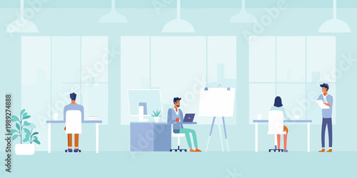 Modern office space with diverse people collaborating and working at desks