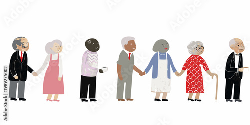 Diverse group of seniors holding hands in a cheerful illustration