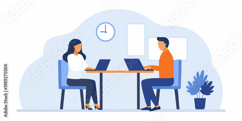 Two professionals collaborate in a modern office setting using laptops