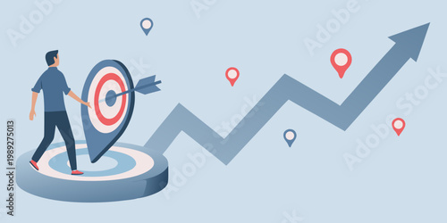 Man hitting target on rising graph with location pins nearby