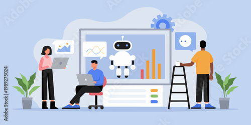 People collaborating with an ai robot displayed on a large screen