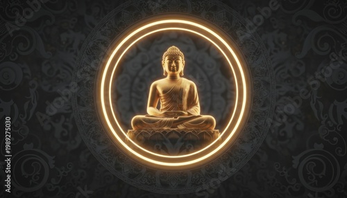 Golden Buddha statue in meditation, glowing halo ring on dark mandala background, spiritual zen concept for mindfulness and yoga