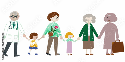 A diverse multi generational family walks hand in hand together