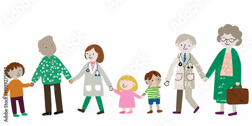 A diverse family with a doctor illustrating healthcare and generations