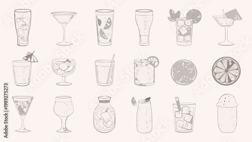 Collection of hand drawn cocktail glasses fruit and beverage illustrations
