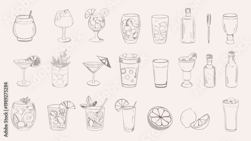 Collection of hand drawn cocktail glasses bottles and fruit garnishes
