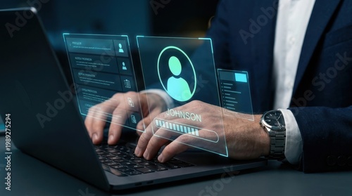 IT network administrator person typing monitoring laptop computer keyboard under glowing holographic user profile loading interface for digital account access management and futuristic cyber security 