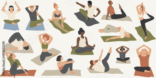 Diverse group of people practicing various yoga poses on mats