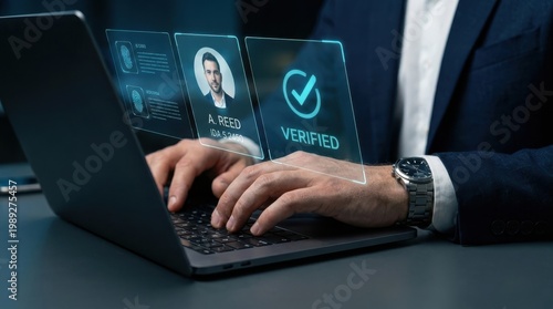 Human resources administrator person typing working laptop computer keyboard under glowing holographic verified user profile interface for digital identity background check 