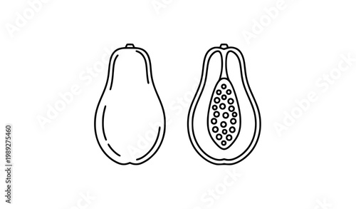 Minimal papaya outline icon set whole and sliced fruit vector illustration isolated on white background eps10
