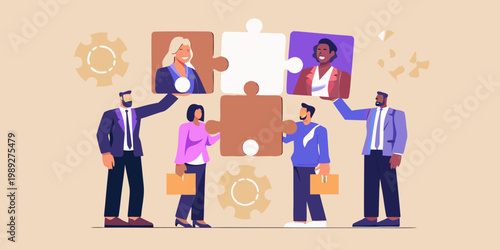 Diverse team collaborating and connecting puzzle pieces representing synergy