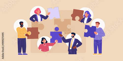 Diverse team collaborating to connect puzzle pieces symbolizing unity and problem solving
