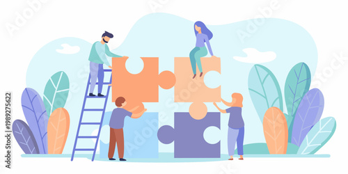 Teamwork and collaboration concept with people fitting puzzle pieces together