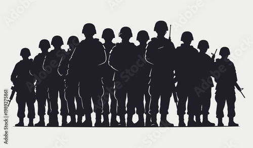 Silhouette of Military Soldiers Standing in Formation on Light Background