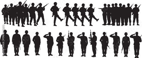Military Soldier Silhouette Set with Various Poses and Actions Collection