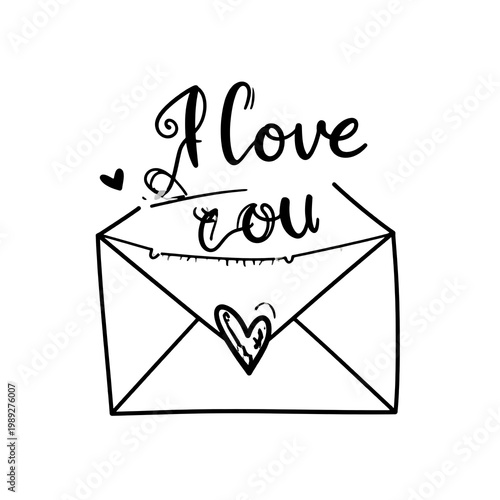 A simple line drawing of an open envelope with a heart and text