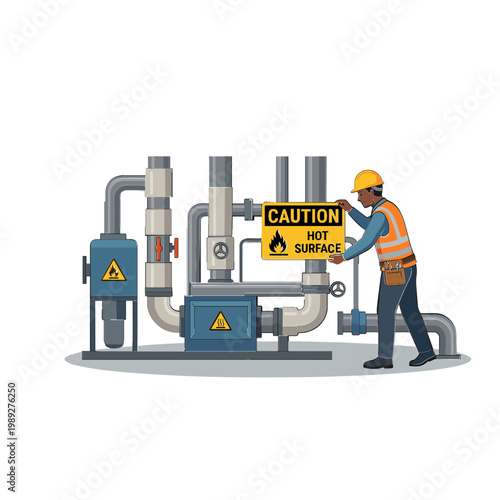 A worker in a hard hat and safety vest installing a caution sign on a hot industrial pipe system.