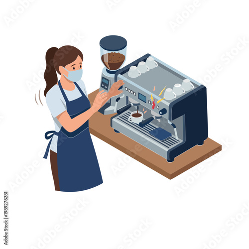Woman in face mask operates espresso machine in cafe setting with coffee grinder