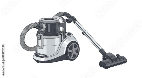 Modern canister vacuum cleaner with a silver body and long hose designed for efficient home cleaning and dust removal on floors.