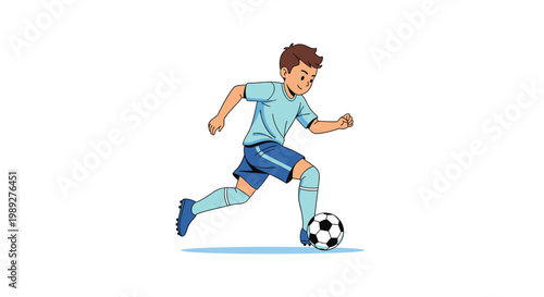 Young boy in a light blue jersey and shorts running and dribbling a soccer ball across a field during a game or practice.