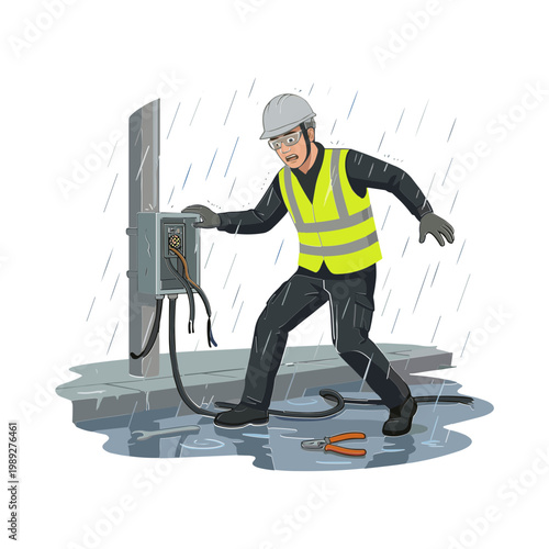 Worker in safety gear fixing electrical box on rainy day outdoors
