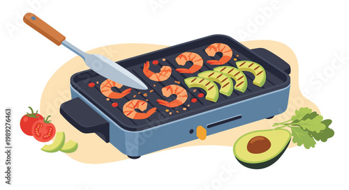 Grilling delicious shrimp skewers and sliced avocado on an electric indoor grill with fresh tomatoes and herbs on the side.