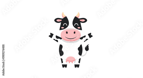 Adorable illustration of a black and white cow character with small horns and a pink udder standing on a white background.