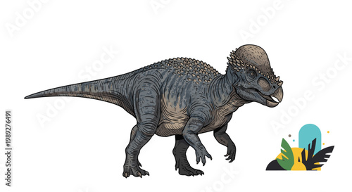 Detailed illustration of a Pachycephalosaurus dinosaur with a thick skull dome and bumpy head features on a white background.