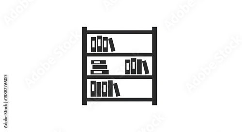 A simple black and white illustration of a bookshelf filled with books on three different shelves