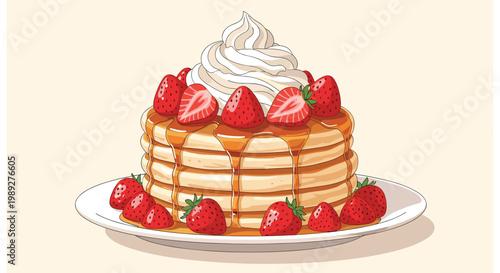 Large stack of fluffy pancakes is drizzled with maple syrup and topped with whipped cream and fresh strawberries on a white plate.