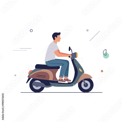 Man riding brown scooter on road with green lock floating nearby