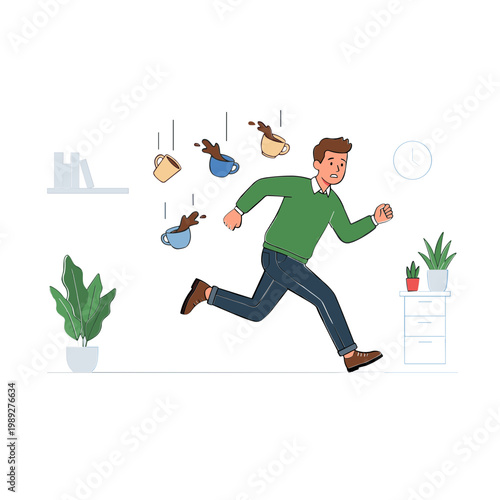 Man runs quickly through office with floating supplies around him