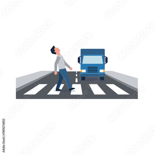 Man crosses street with luggage as blue truck approaches cautiously.