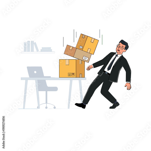 A businessman is struggling to carry falling boxes in an office.