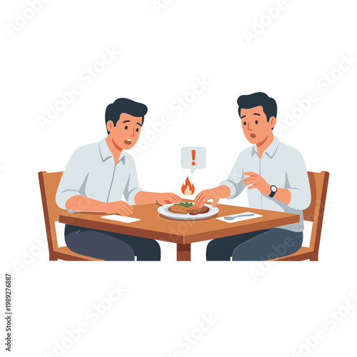 Two men sitting at a restaurant table reacting to hot food