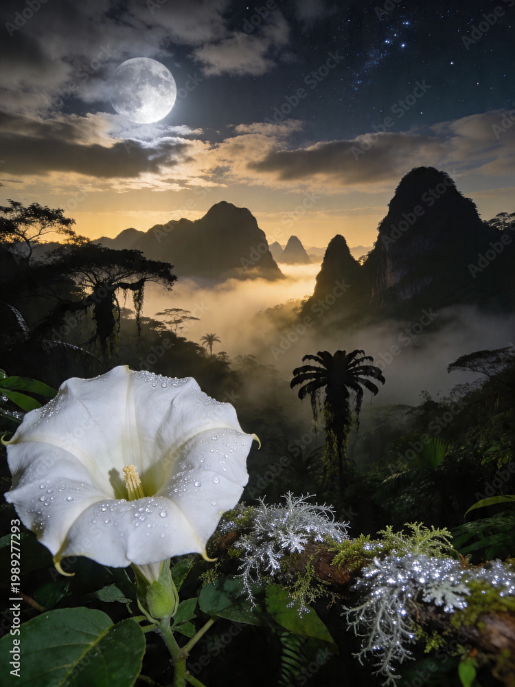 Fototapeta premium Mystical Cloud Forest Canopy with Epiphytes and Mist