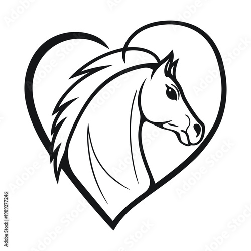 Horse Head in Heart Shape Elegant Minimal Line Art Love Emblem