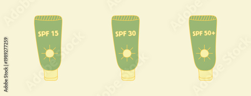 set of hand-drawn cosmetic product Sunscreen with SPF 15, SPF 30 and SPF 50+ in yellow-green color with sun symbol