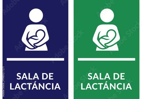 Lactation Room Signage Icons with Mother Breastfeeding Baby and Portuguese Text Sala de Lactancia in Blue and Green