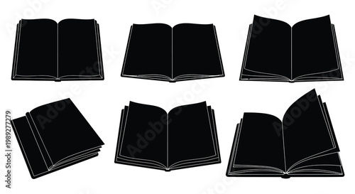 An artistic arrangement of various open and closed notebooks and journals displayed on a white surface presented as a silhouette high quality professional