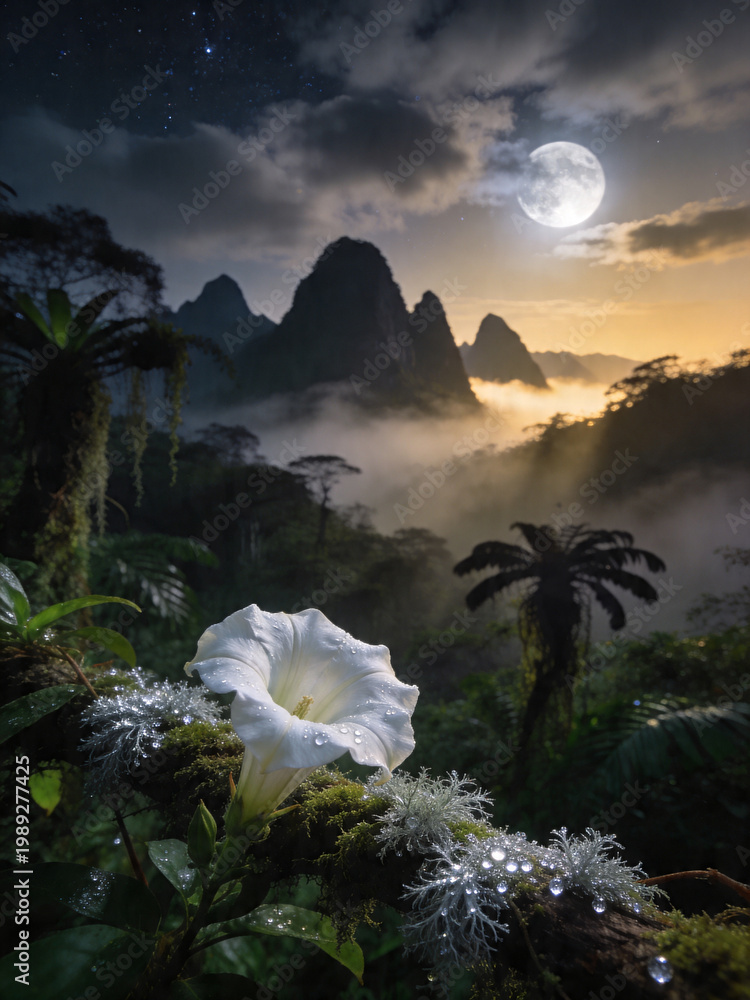 Fototapeta premium Mystical Cloud Forest Canopy with Epiphytes and Mist