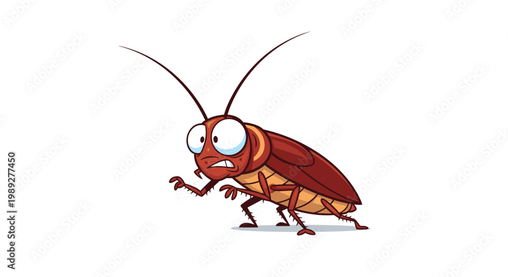 Fototapeta premium Scared and nervous cartoon cockroach character looking sideways with a worried expression on its face isolated on a clean white background.